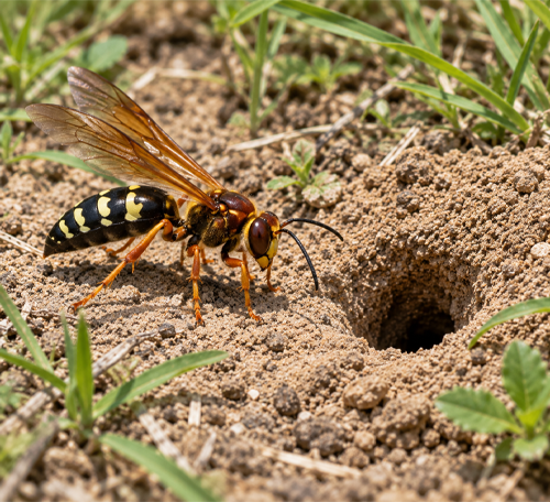 Cicada killer wasp beside a burrow entrance in sandy soil surrounded by grass.