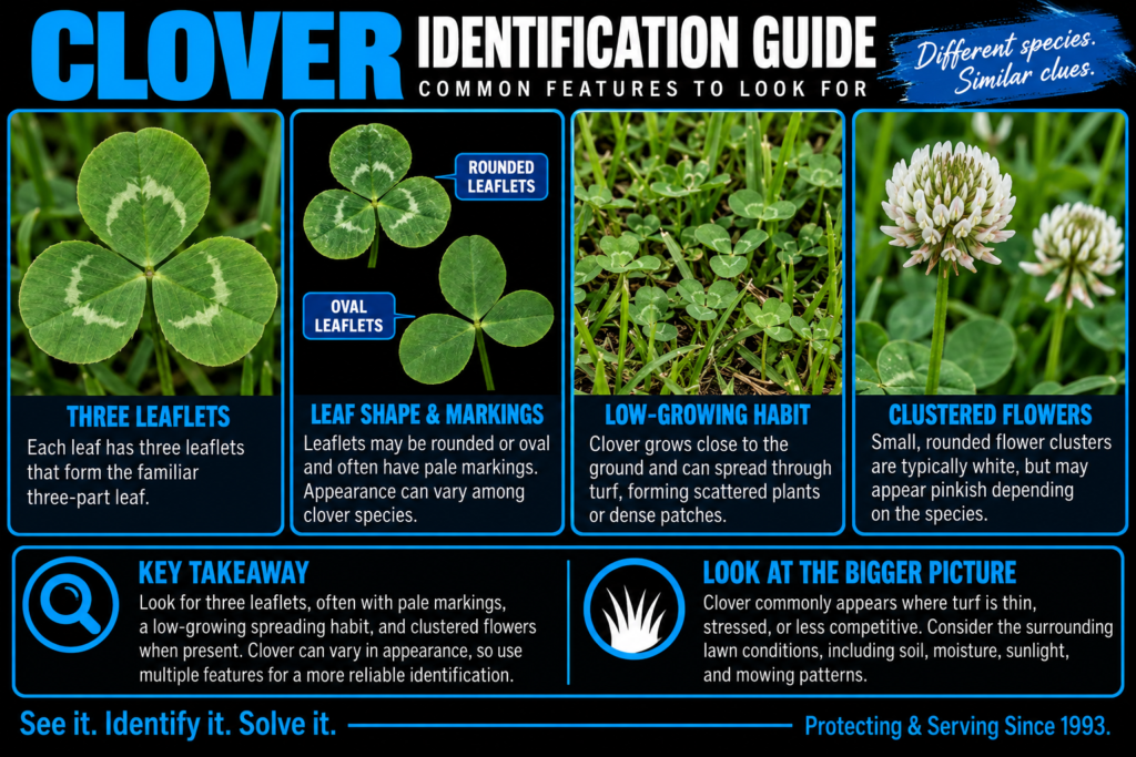 Clover identification showing three leaflets, pale leaf markings, low-growing habit, and clustered flowers