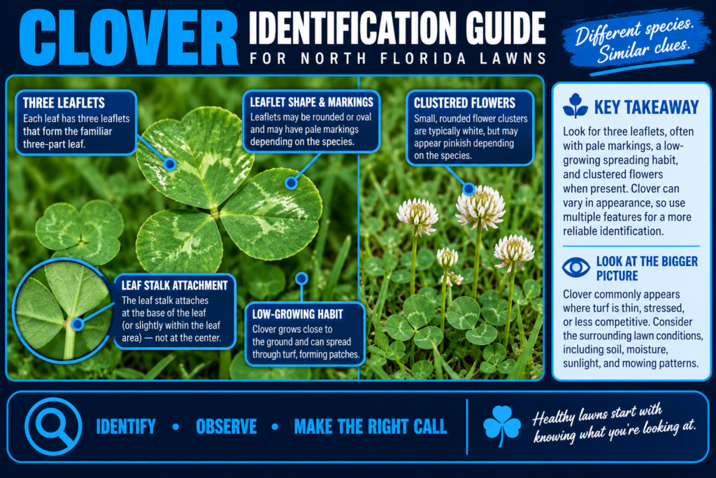 Clover growing in turf with three leaflets, pale markings, clustered flowers, spreading growth, and surrounding lawn condition clues