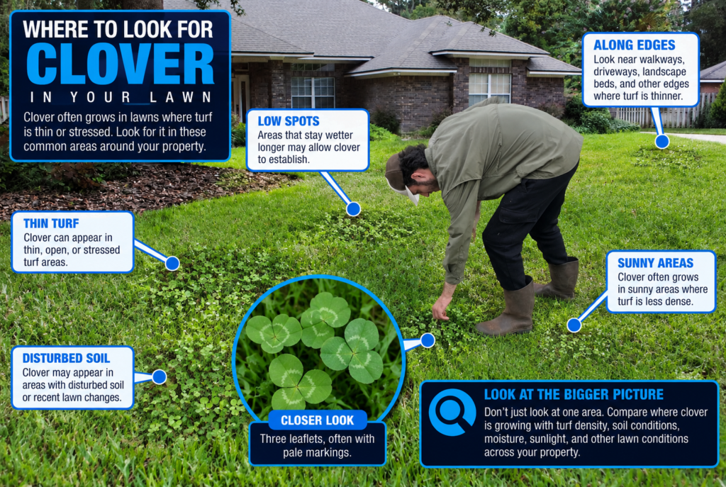 Bug Cops lawn inspection showing where to look for clover in thin turf, low spots, sunny areas, disturbed soil, and lawn edges