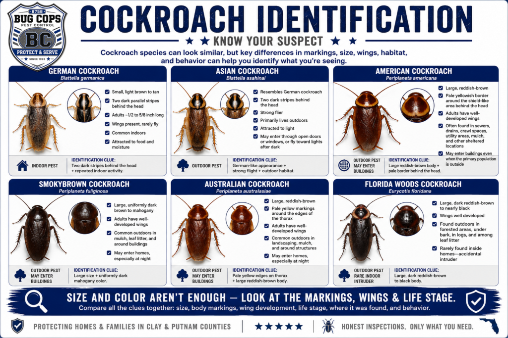 Cockroach identification graphic comparing German, Asian, American, smokybrown, Australian, and Florida woods cockroaches using body markings, size, wings, habitat, and behavior.