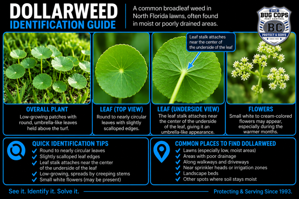 Dollarweed identification showing round leaves, center-attached leaf stalk, flowers, and overall growth habit