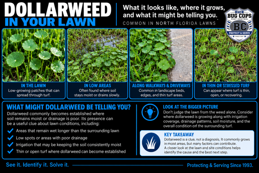 Dollarweed growing in moist lawn areas, along edges, and in thin turf with examples of surrounding lawn conditions