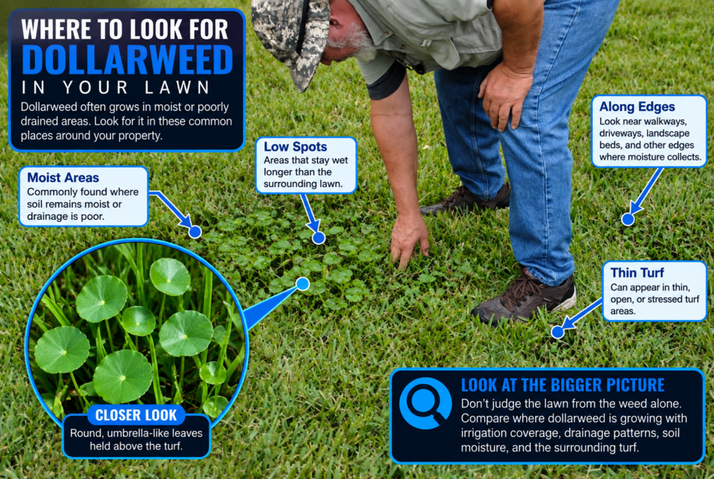 Lawn inspection showing where to look for dollarweed in moist areas, low spots, lawn edges, and thin turf