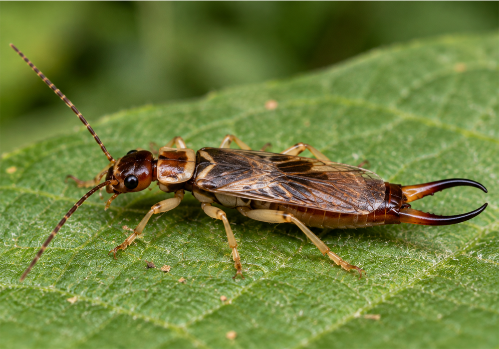 Earwig Identification Guide comparison image showing a winged Doru earwig with tan markings and rear forceps.