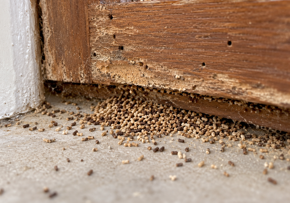 Drywood termite frass beneath infested wood