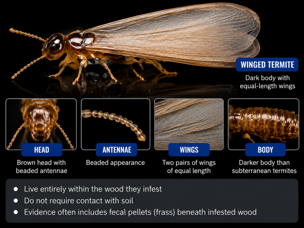 Drywood termite identification showing winged termite, head, beaded antennae, wings, and body