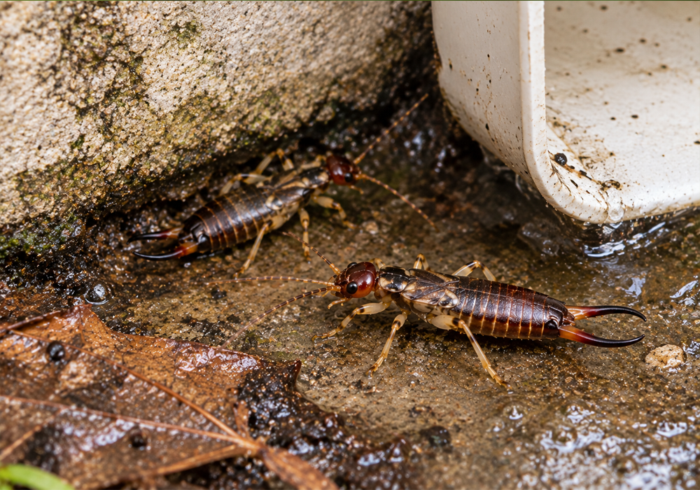 Earwig Identification Guide image showing earwig activity in a damp protected area near moisture.