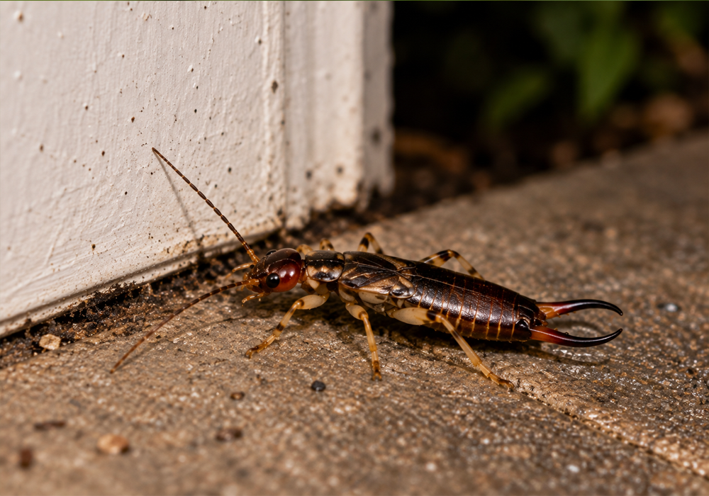Earwig Identification Guide image showing nighttime earwig activity near an exterior entry area.