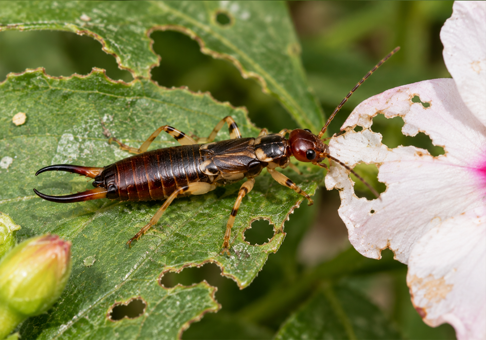 Earwig on damaged leaves and flower petals showing possible plant feeding activity.
