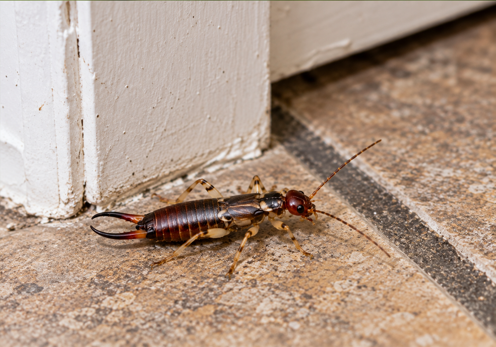 Earwig wandering indoors near a doorway, baseboard, and floor after entering from an outdoor area.