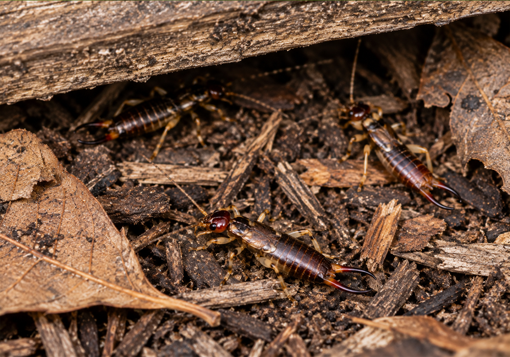Earwigs hiding beneath wood, mulch, leaves, and debris in a protected outdoor area.