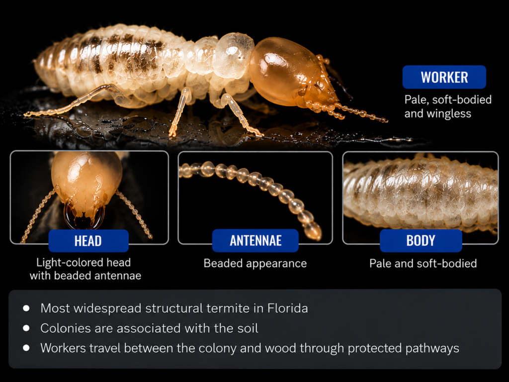 Eastern subterranean termite identification showing worker body, head, and beaded antennae