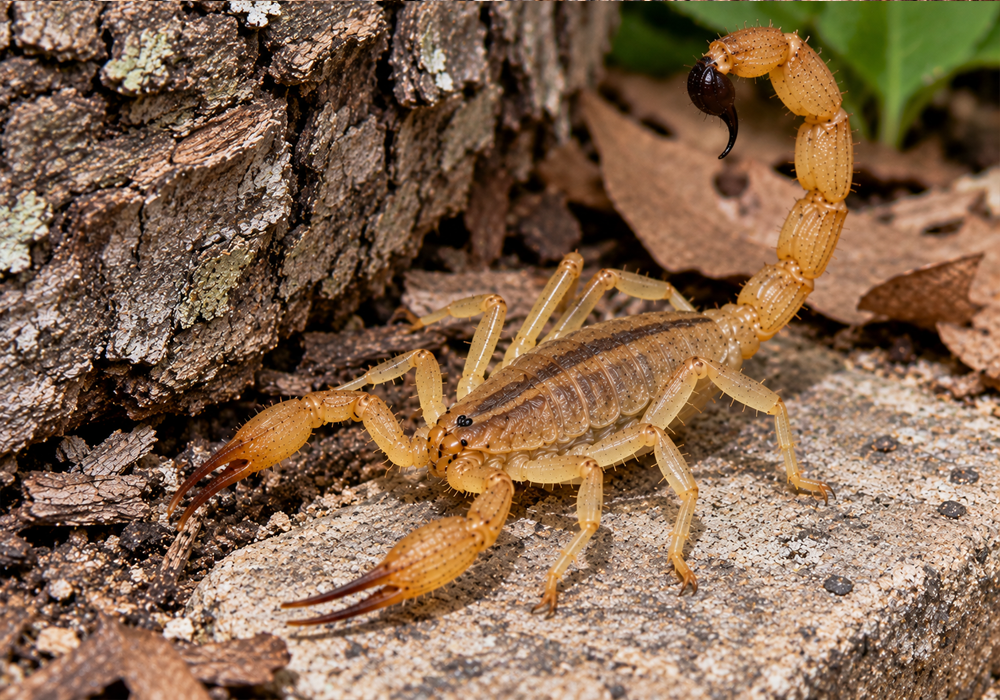 Scorpion Identification Guide image showing a Florida bark scorpion with a slender body, narrow pincers, long legs, and raised tail.