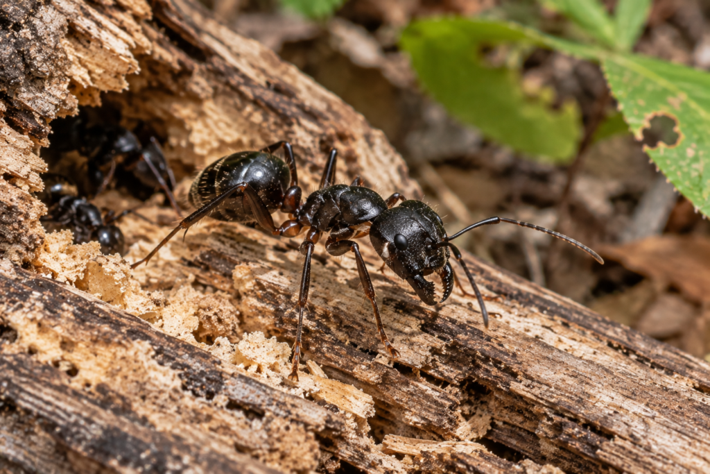 Large Florida carpenter ant moving across decaying wood near a protected nesting cavity