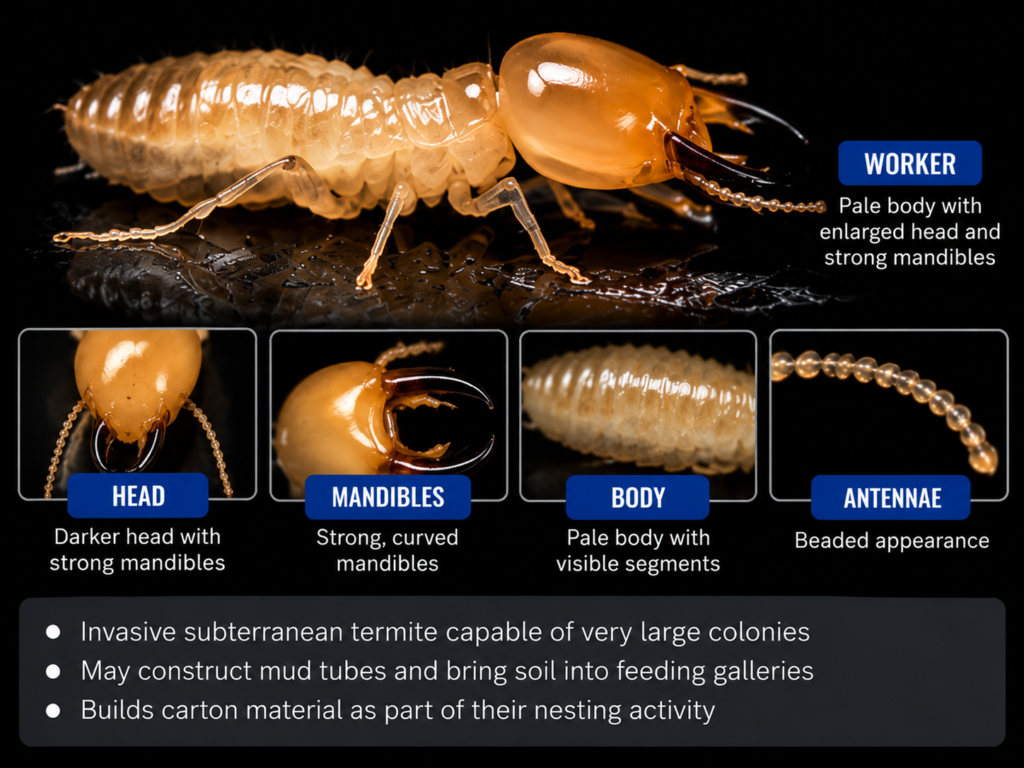 Formosan subterranean termite identification showing head, mandibles, body, and beaded antennae