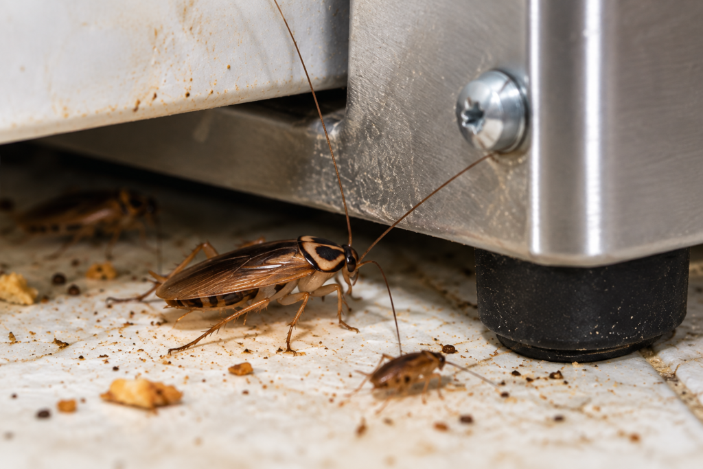 cockroach control services: German cockroaches near the base of a kitchen appliance with food debris nearby
