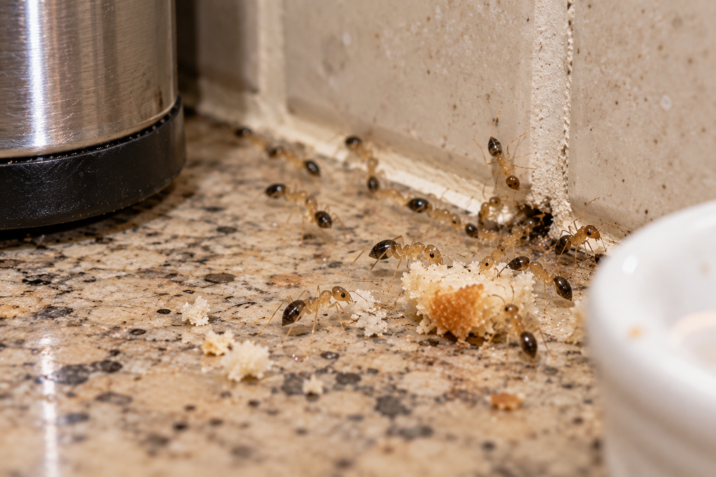Tiny ghost ants with pale bodies and dark heads foraging along a kitchen counter near food crumbs