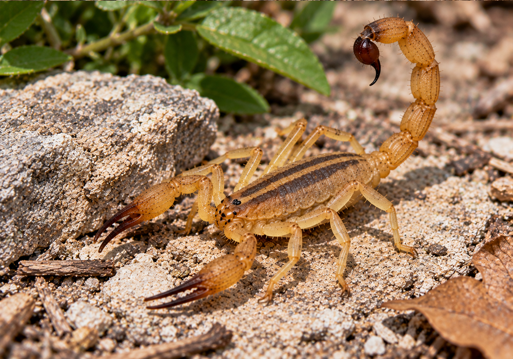 Scorpion Identification Guide comparison image showing a Guiana striped scorpion with a slender body, pincers, and long raised tail.