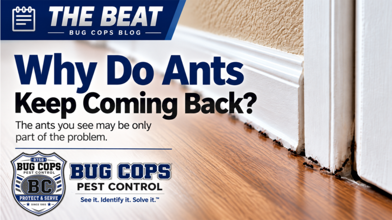 The Beat featured graphic for Why Do Ants Keep Coming Back with household ants trailing along a baseboard.