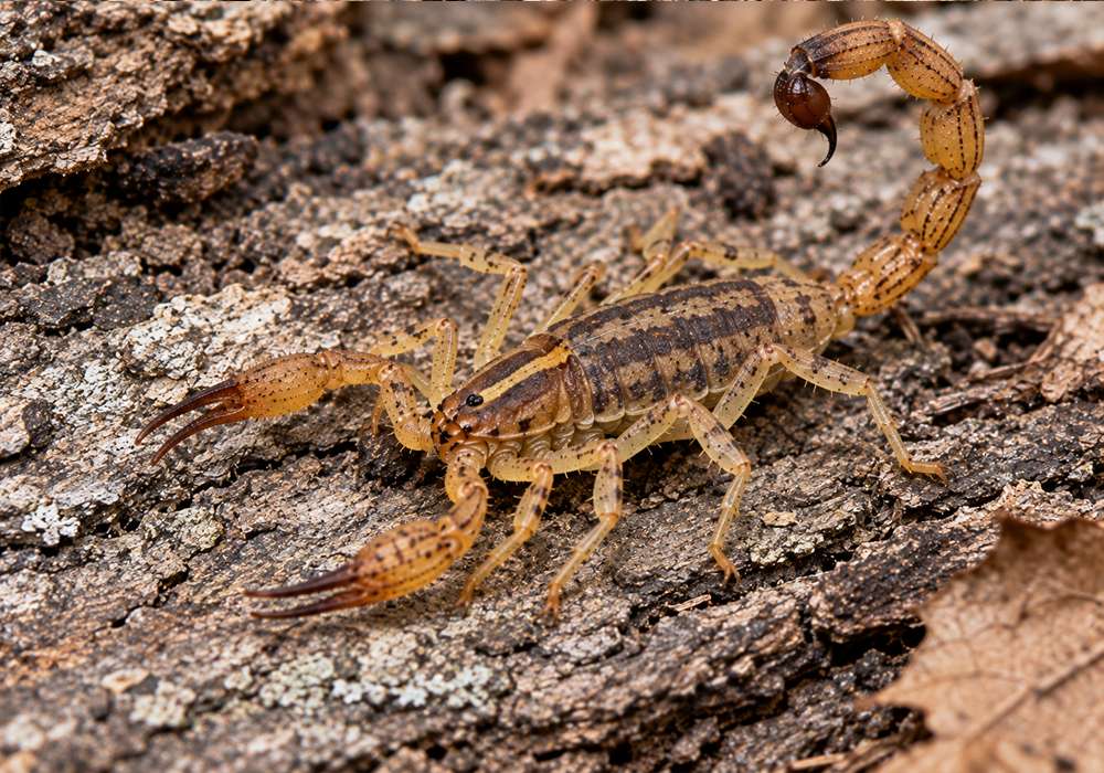 Scorpion Identification Guide image showing a Hentz striped scorpion with a slender body, narrow pincers, striped markings, and raised tail.