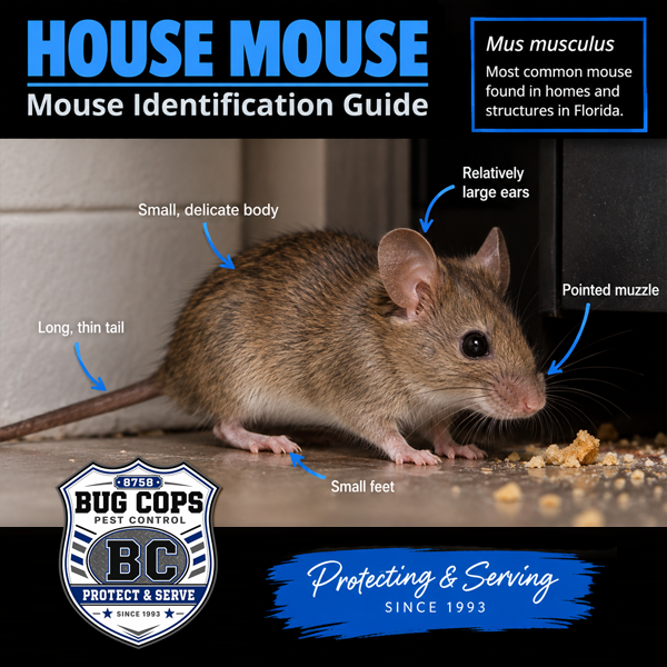 Mouse Identification Guide showing a house mouse with its small body, pointed muzzle, large ears, small feet, and long thin tail.