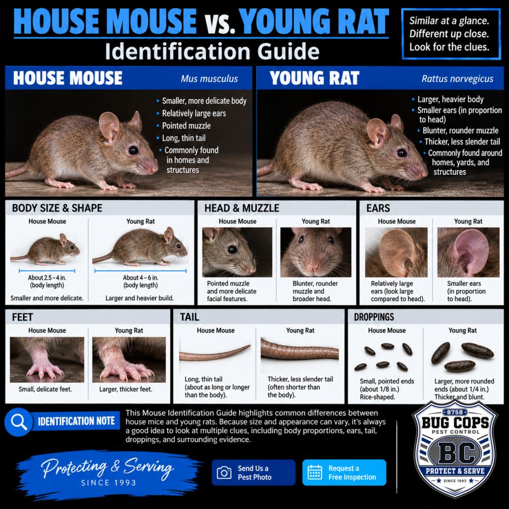 Mouse Identification Guide comparing a house mouse and young rat by body size, muzzle, ears, feet, tail, and droppings.