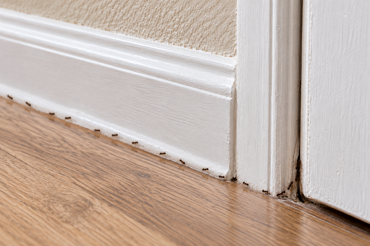 Small black household ants following a baseboard and entering a narrow crack beside a doorway. Caption: Small household ants often travel along edges and baseboards, using tiny gaps and cracks as entry points or protected travel routes.