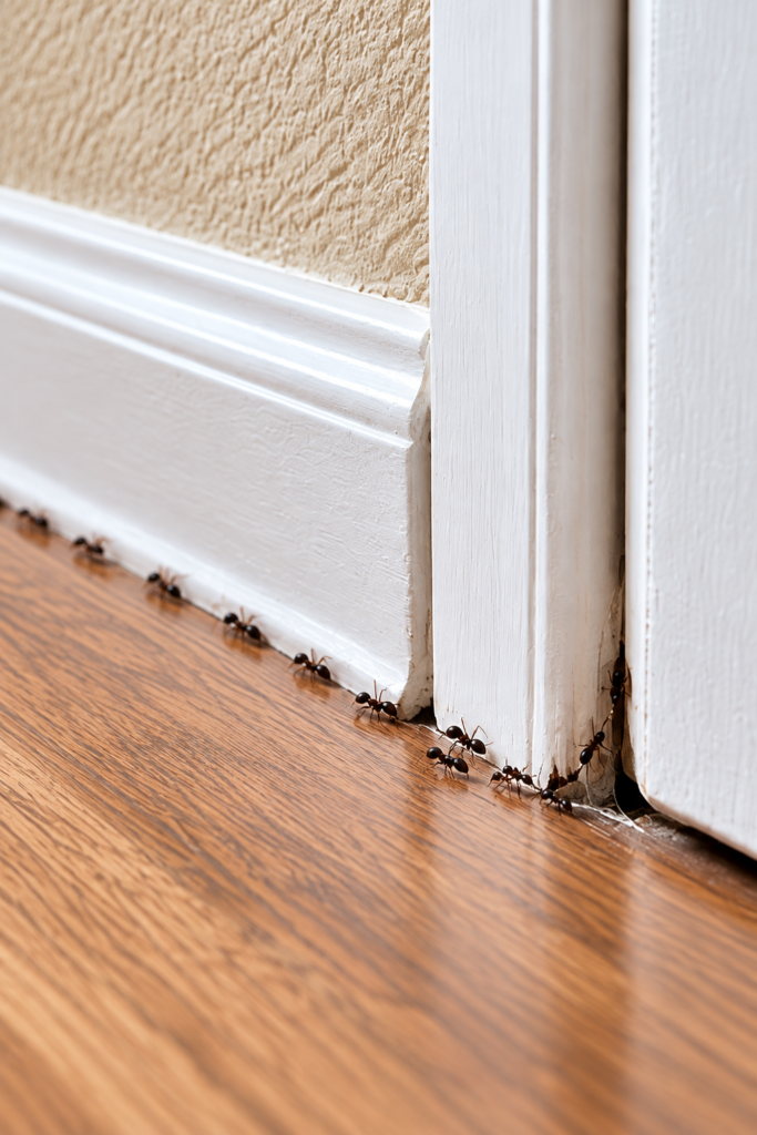 Small household ants following a baseboard and entering a gap beside an interior doorway.
