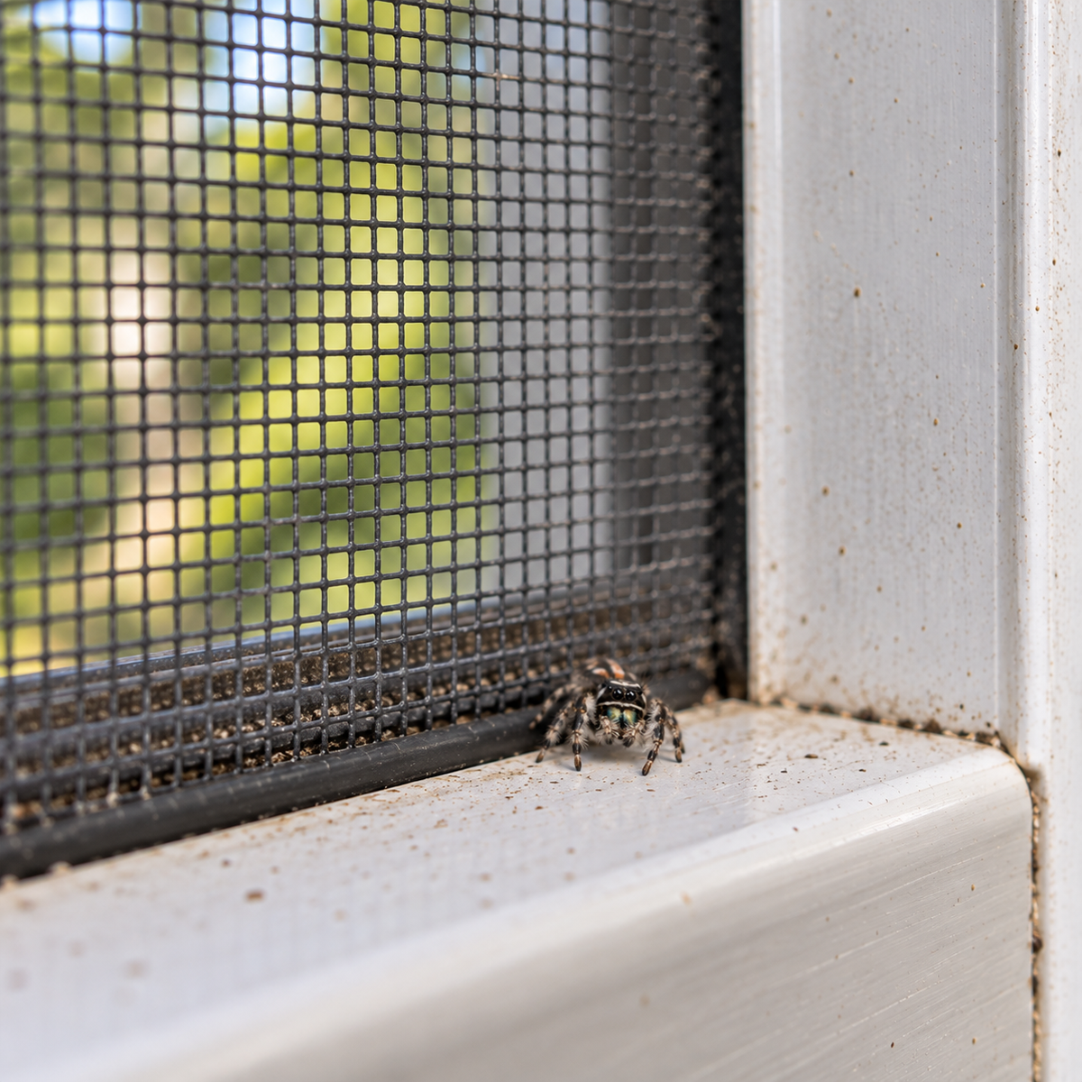Small jumping spider resting along the frame of a screened Florida porch.
