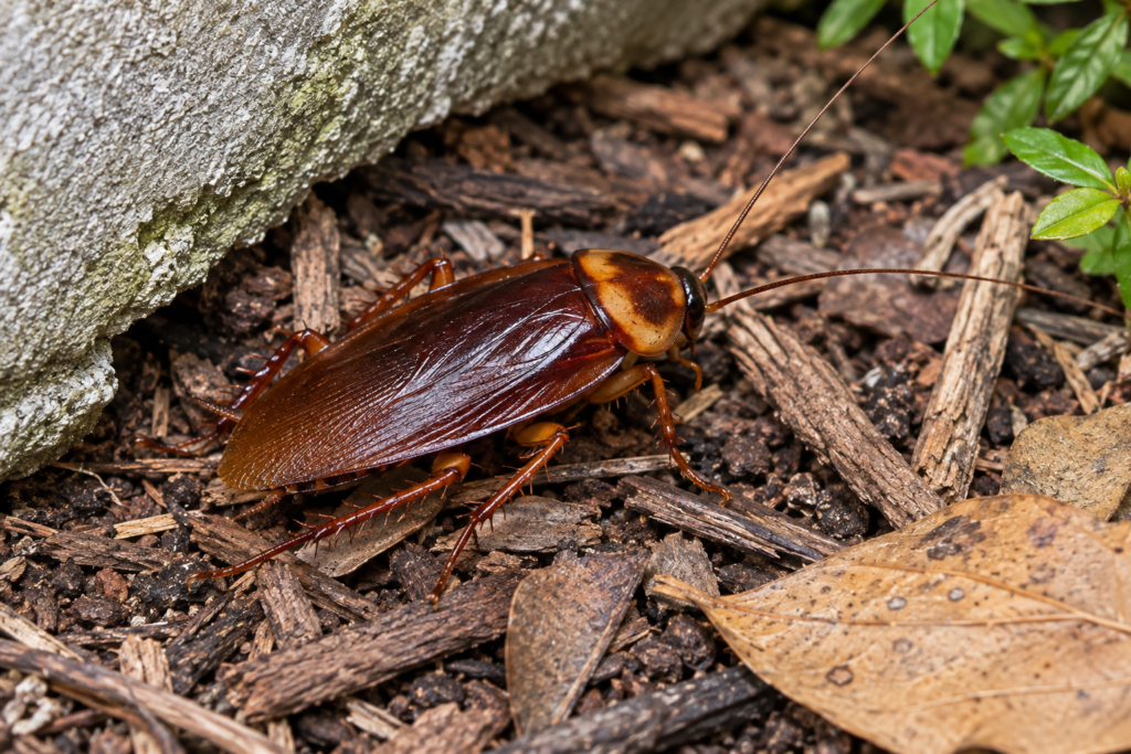 cockroach control services: Large reddish-brown cockroach moving through mulch and leaf litter near a structure