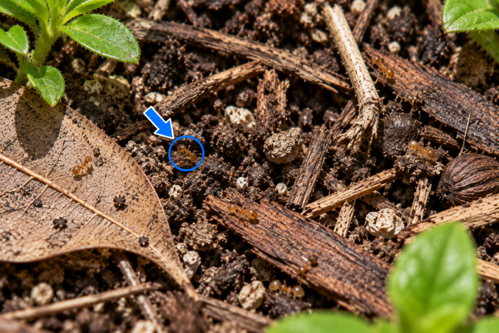 Fire Ant Identification Tiny little fire ants among mulch and leaf litter with an arrow identifying one ant