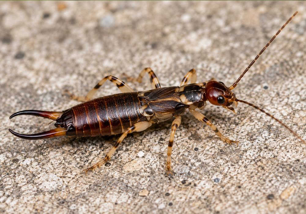 Earwig Identification Guide image showing a live earwig with an elongated brown body, long antennae, banded legs, and rear forceps.
