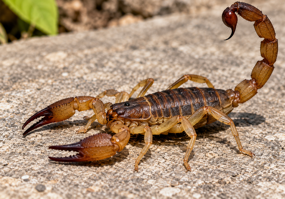 Scorpion Identification Guide image showing a live scorpion with eight legs, front pincers, segmented body, raised tail, and stinger.