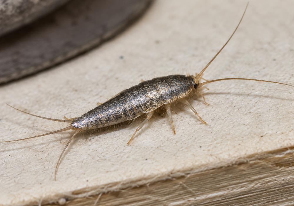 Silverfish Identification Guide image showing a silverfish with a tapered silver-gray body, long antennae, and three tail-like appendages.