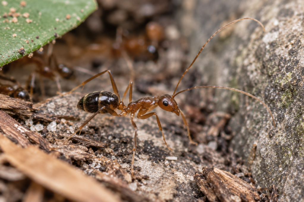 Longhorn crazy ant with very long legs and antennae moving across soil, mulch and leaf litter