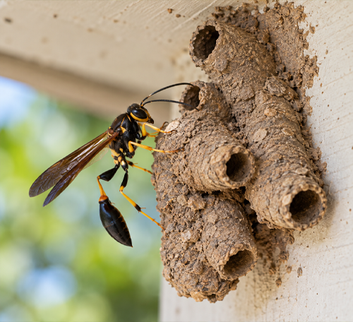 Mud dauber wasp beside tube-shaped mud nest cells attached beneath a sheltered surface.
