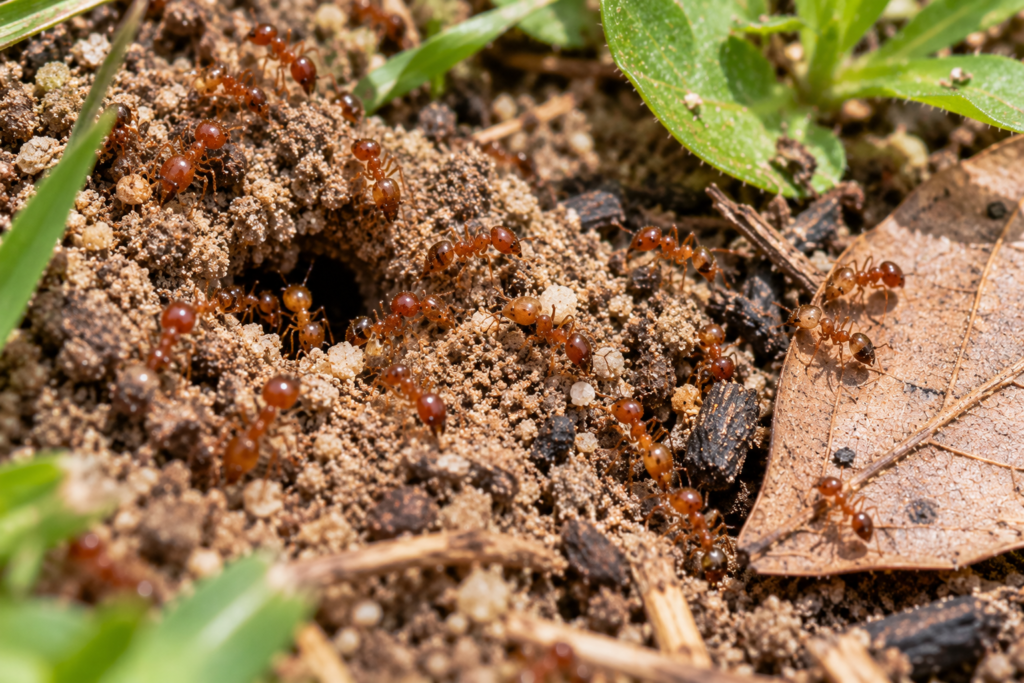 Fire Ant Identification Native fire ants around a nest entrance in disturbed soil and leaf litter