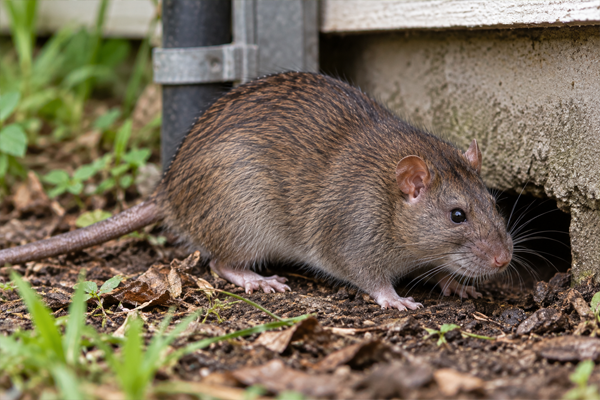 Norway rat at ground level for the Rat Identification Guide, showing its heavy body, blunt muzzle, smaller ears, and shorter tail.