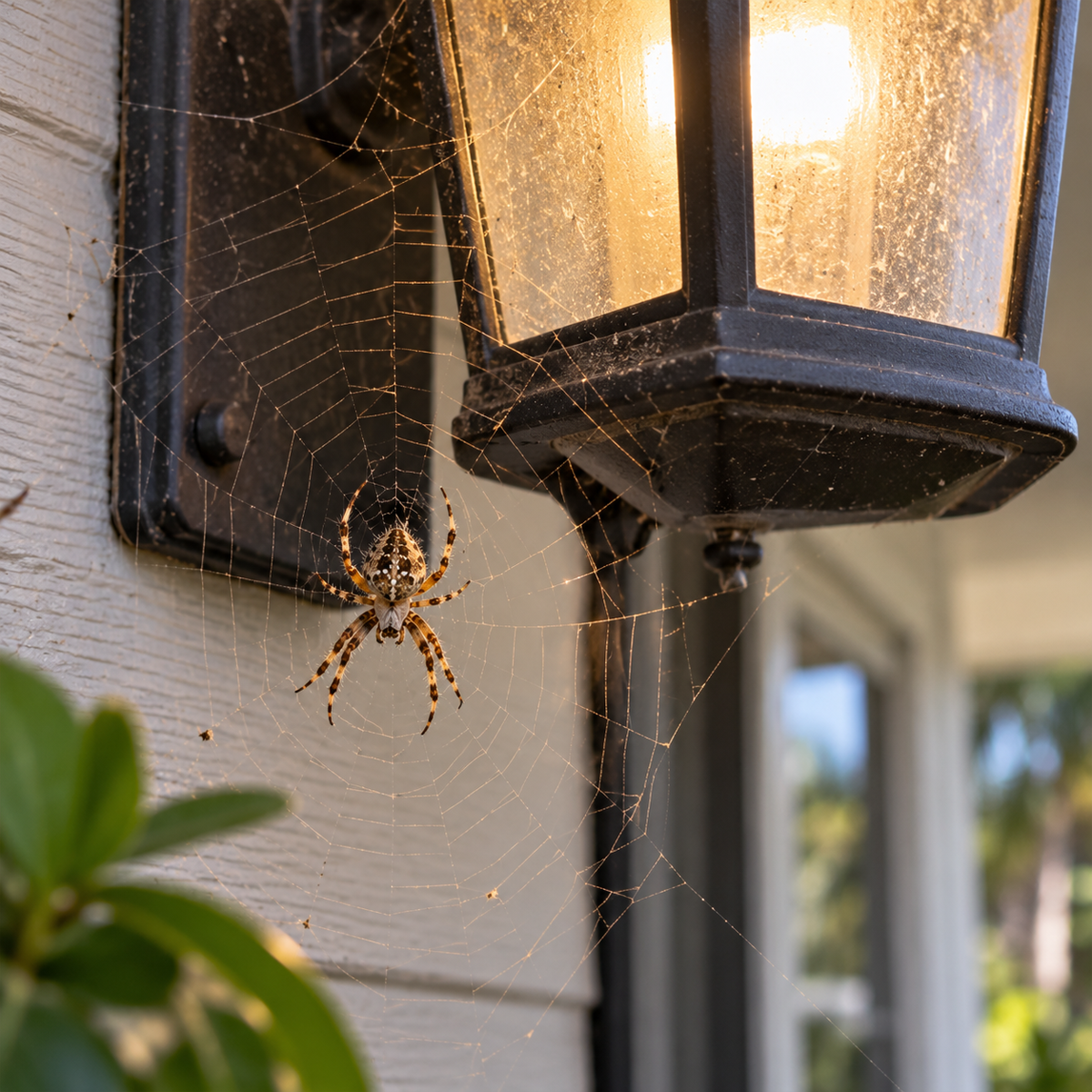 Spider Identification Guide: Orb-weaver spider resting in an orb web beside an outdoor porch light
