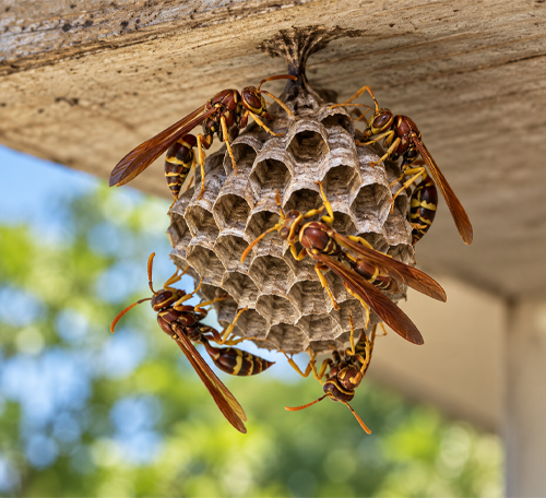 Paper wasps on an exposed open-comb nest beneath a wooden overhang in North Florida.