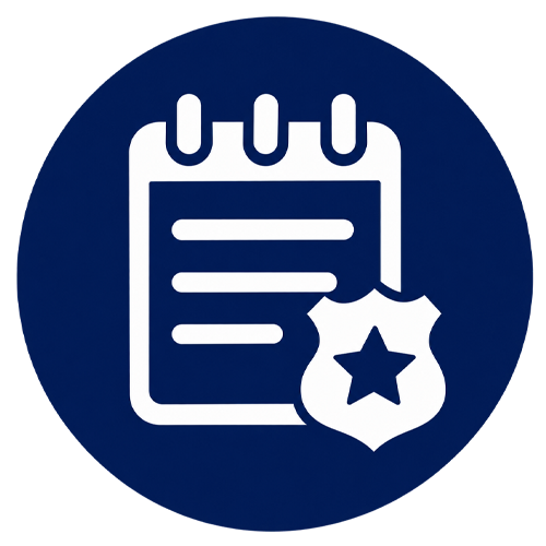 Bug Cops Precinct Note icon with white notebook and police badge inside a navy circle.