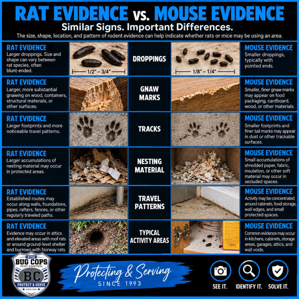 Signs of Rodent Activity Identification Guide comparing rat and mouse evidence including droppings, gnaw marks, tracks, nesting material, travel patterns, and activity areas.