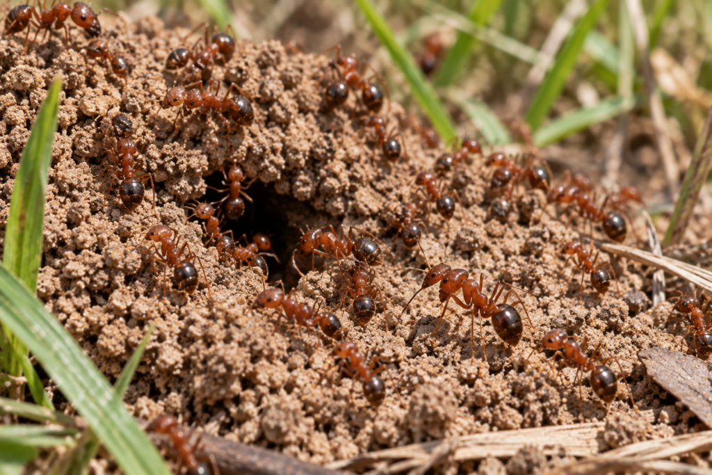 Red imported fire ants moving across a soil mound surrounded by grass
