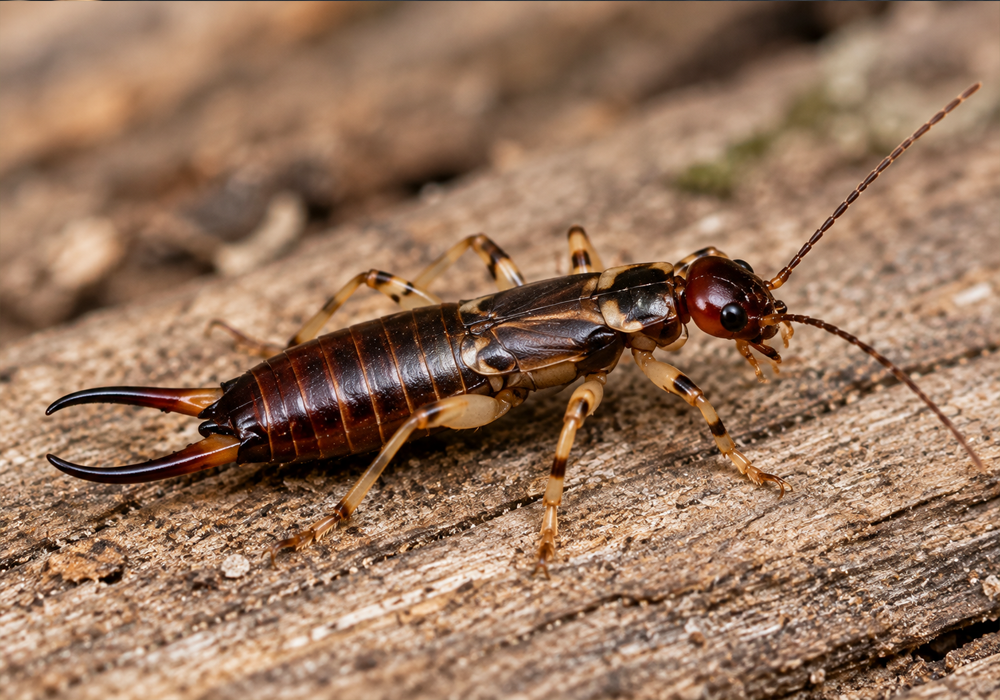 Earwig Identification Guide image showing a ringlegged earwig with a dark brown body, banded pale legs, antennae, and rear forceps.