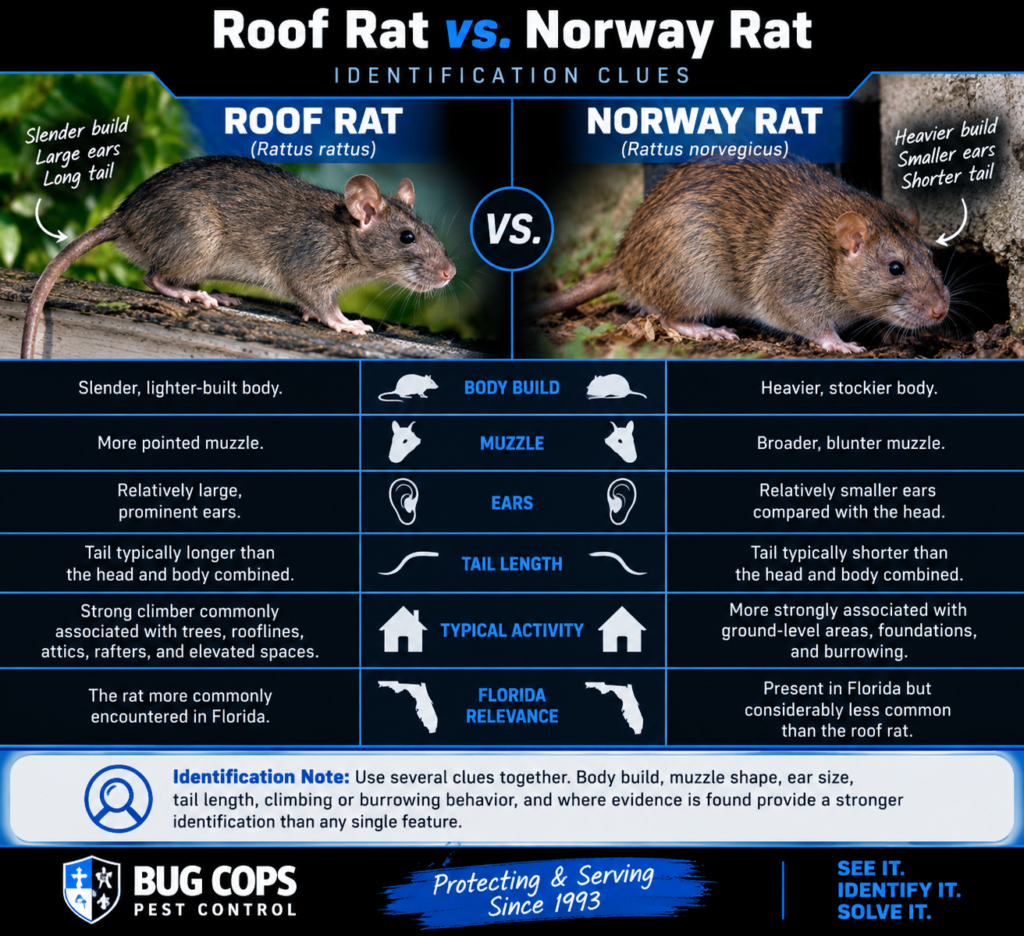 Rat Identification Guide comparing roof rats and Norway rats by body build, muzzle shape, ear size, tail length, behavior, and Florida relevance.