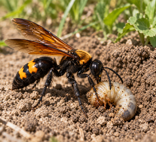 Scoliid wasp with a beetle grub in soil showing its association with underground beetle larvae.