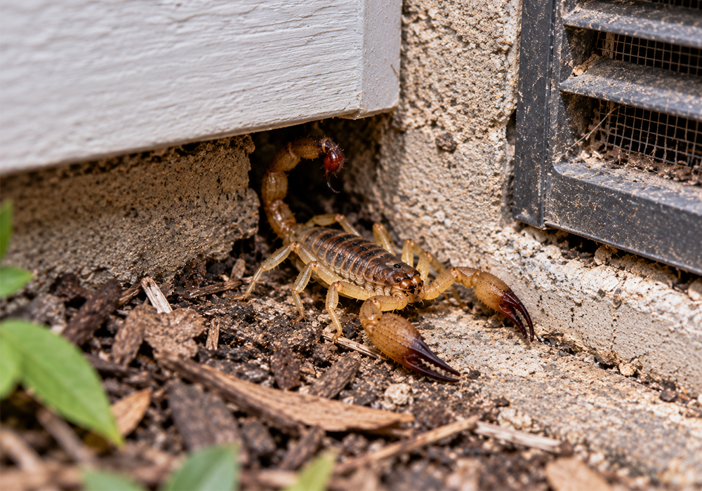 Scorpion Identification Guide image showing scorpion activity near a foundation opening and exterior vent.