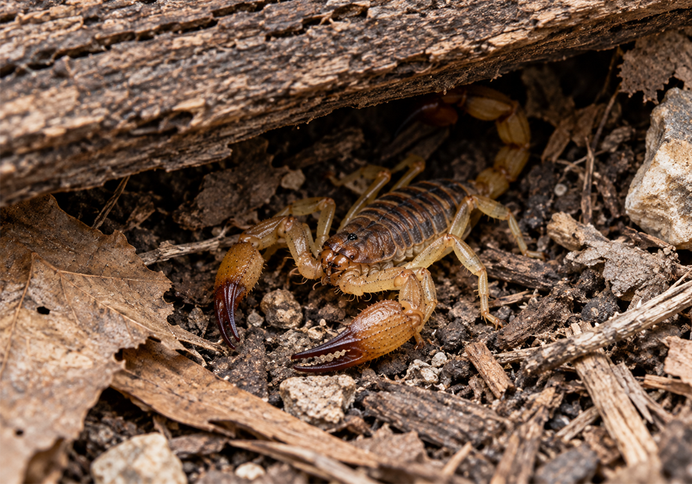 Scorpion Identification Guide image showing a scorpion hiding beneath bark, wood, leaves, and outdoor debris.