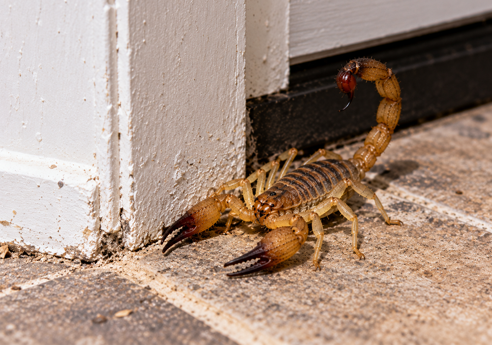 Scorpion Identification Guide image showing a scorpion indoors near a doorway and baseboard.